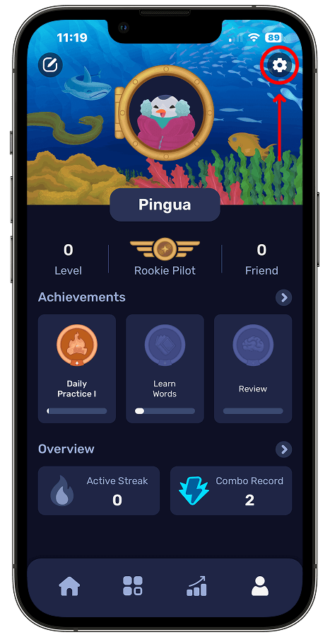 Pingua app screen with the Profile icon highlighted.