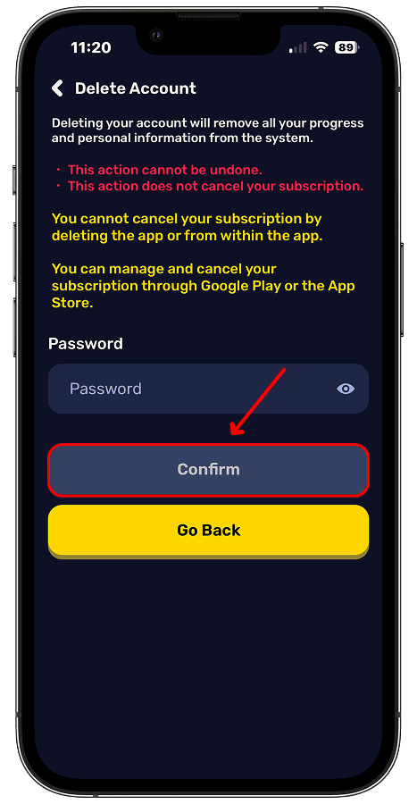 Pingua account deletion screen with the password field and Confirm button highlighted.