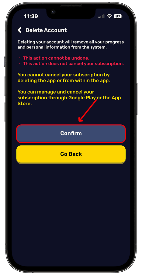 Pingua social sign-in account deletion screen with the Confirm button highlighted.
