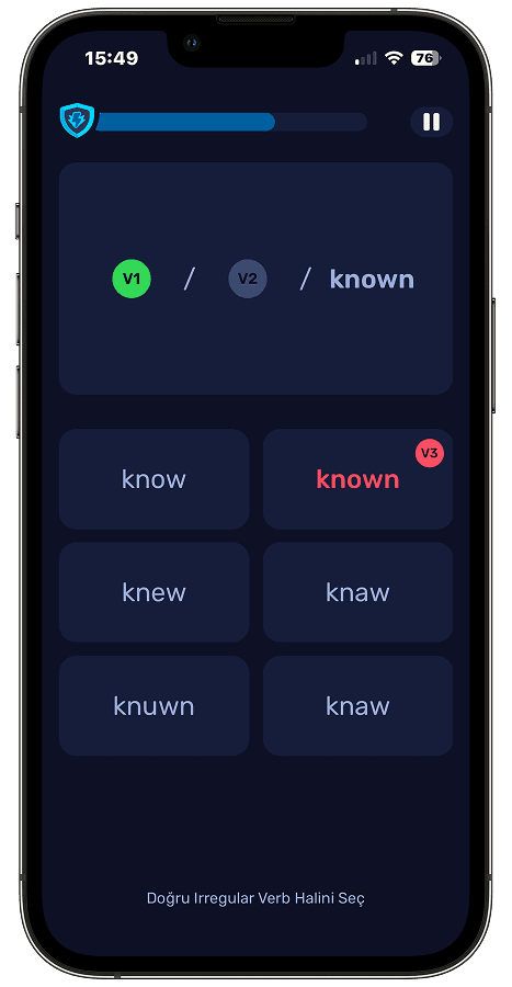 Irregular verbs study screen